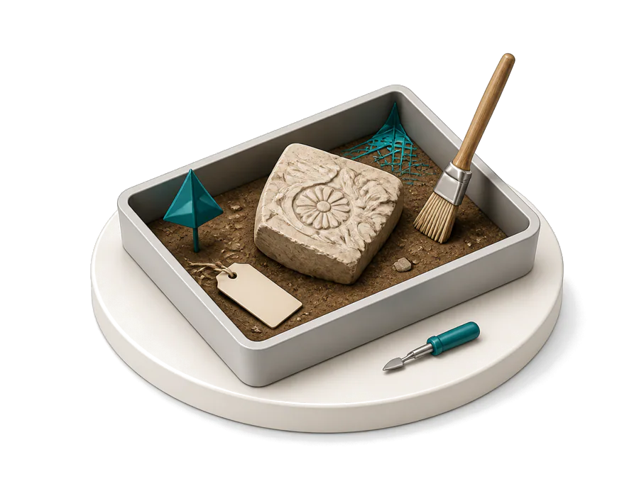 Archaeological field conservation tray and tools