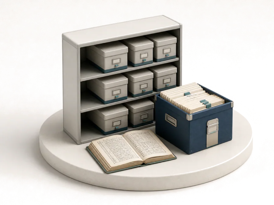 Archive shelving, document boxes and folios