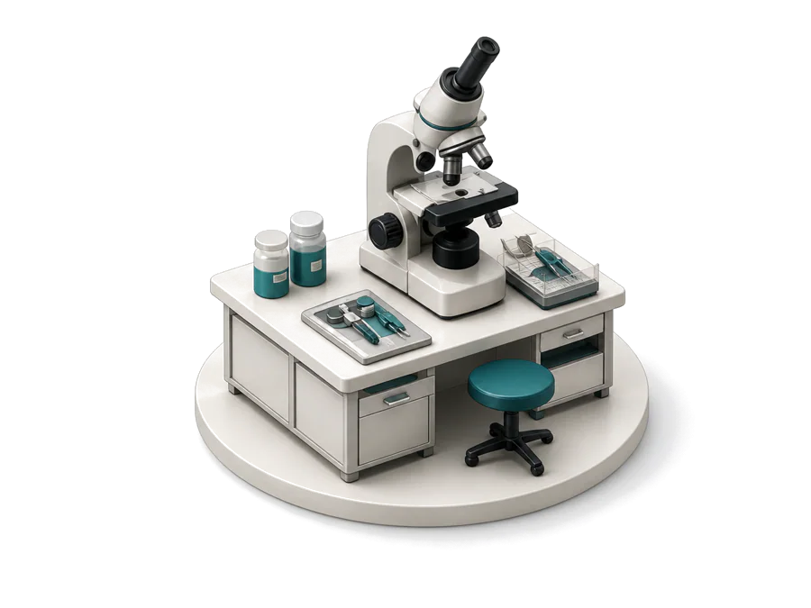 Conservation laboratory workbench and microscope