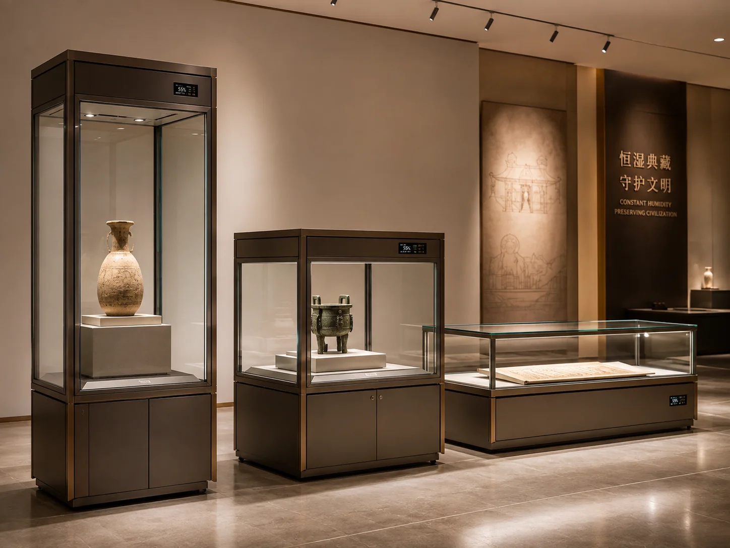 Museum display cases in a gallery