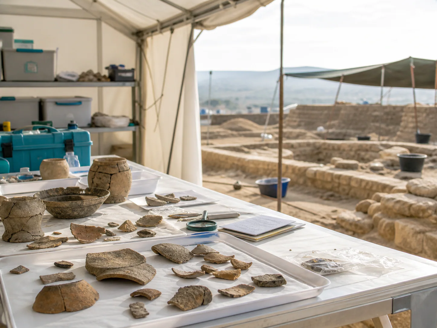 Archaeological finds in a temporary field conservation laboratory