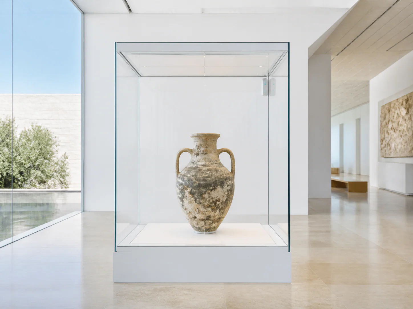 Museum artifact protected inside a controlled display case
