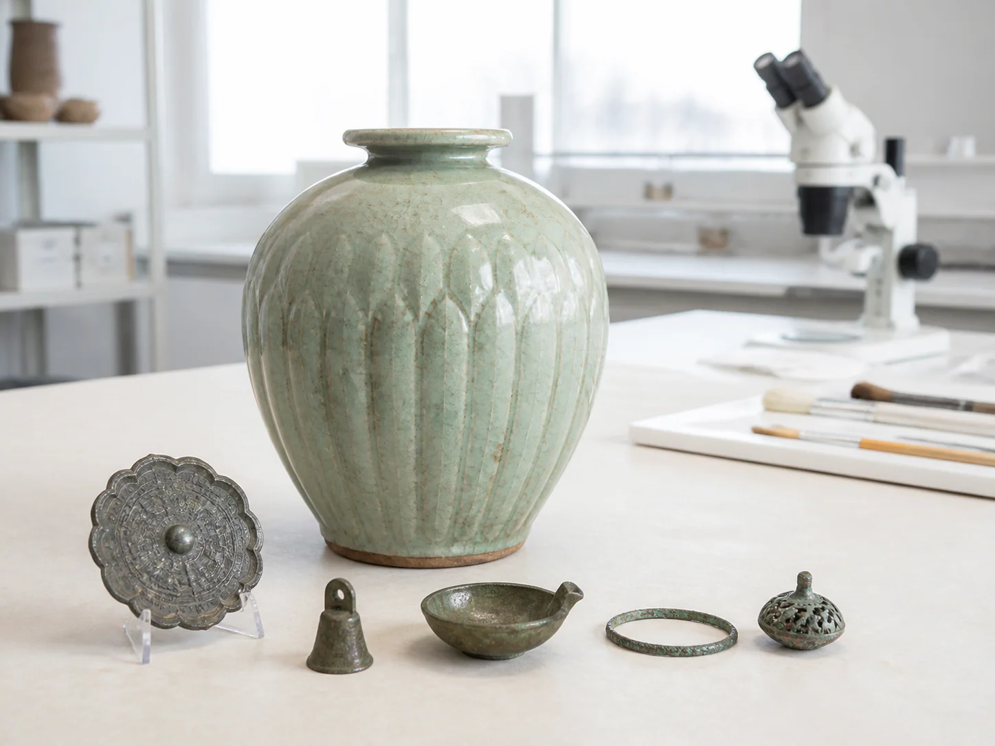 Ceramic and metal artifacts in a conservation laboratory
