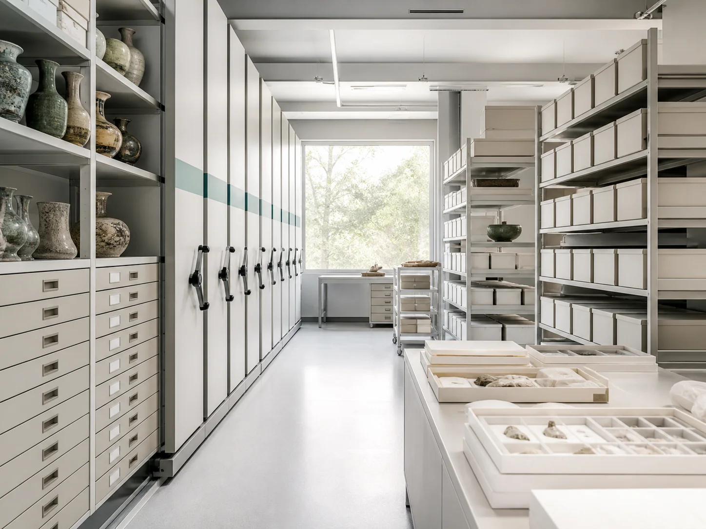 Bright museum collection storage room with archival cabinets