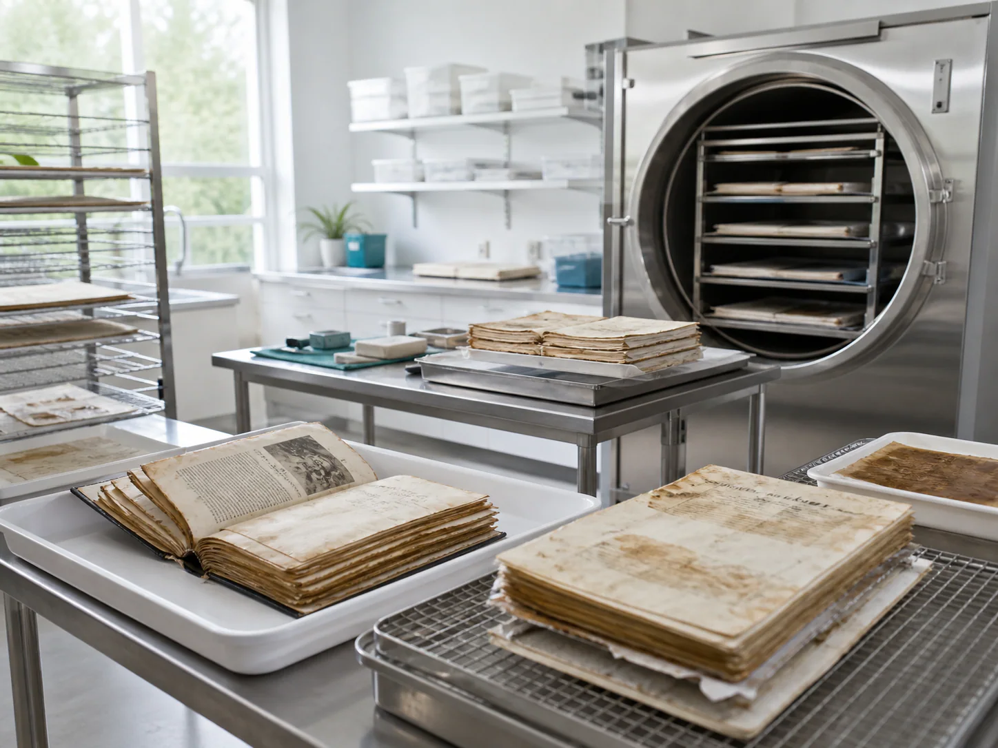 Controlled recovery room for water-damaged books and archives