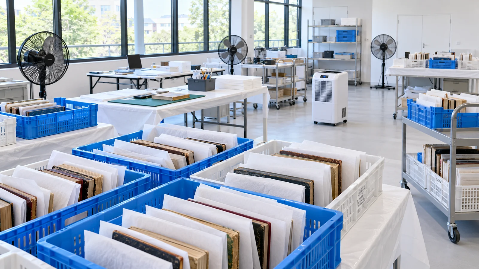 Equipamiento de la sala de recuperación tras desastres en archivos y preparación ante daños por agua