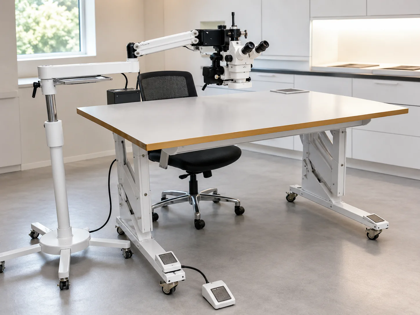 Mobile conservation workstation with an adjustable examination microscope