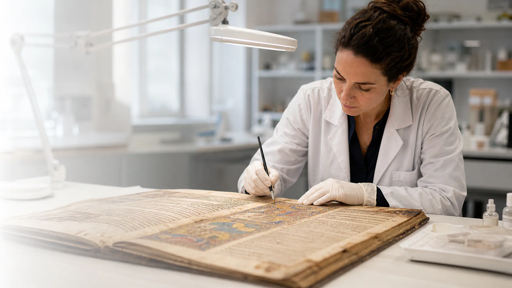 Paper conservator treating an illuminated manuscript in a museum conservation laboratory