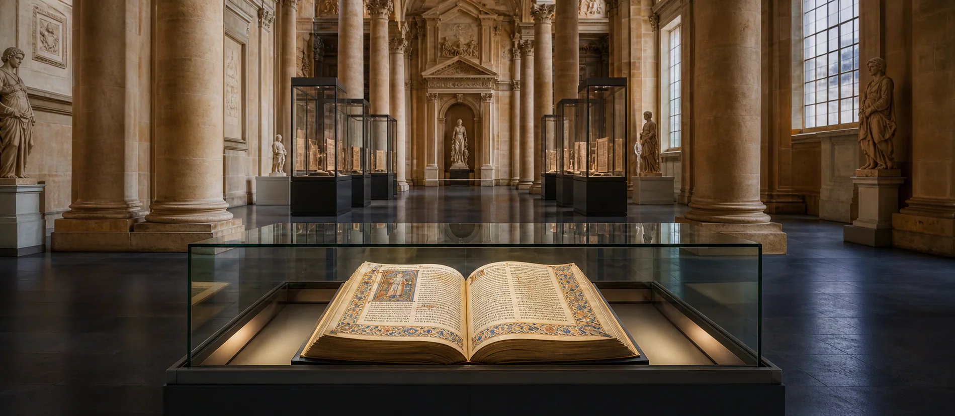 Illuminated manuscript protected inside a museum display case