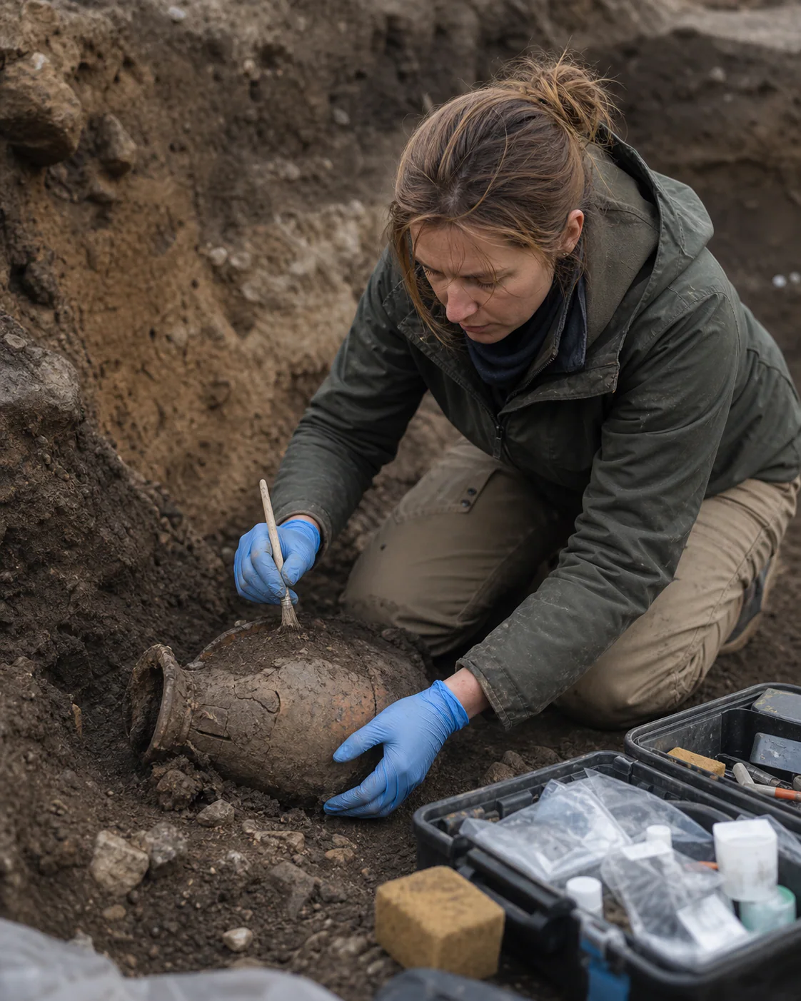 Field conservator stabilizing a fragile archaeological vessel during excavation