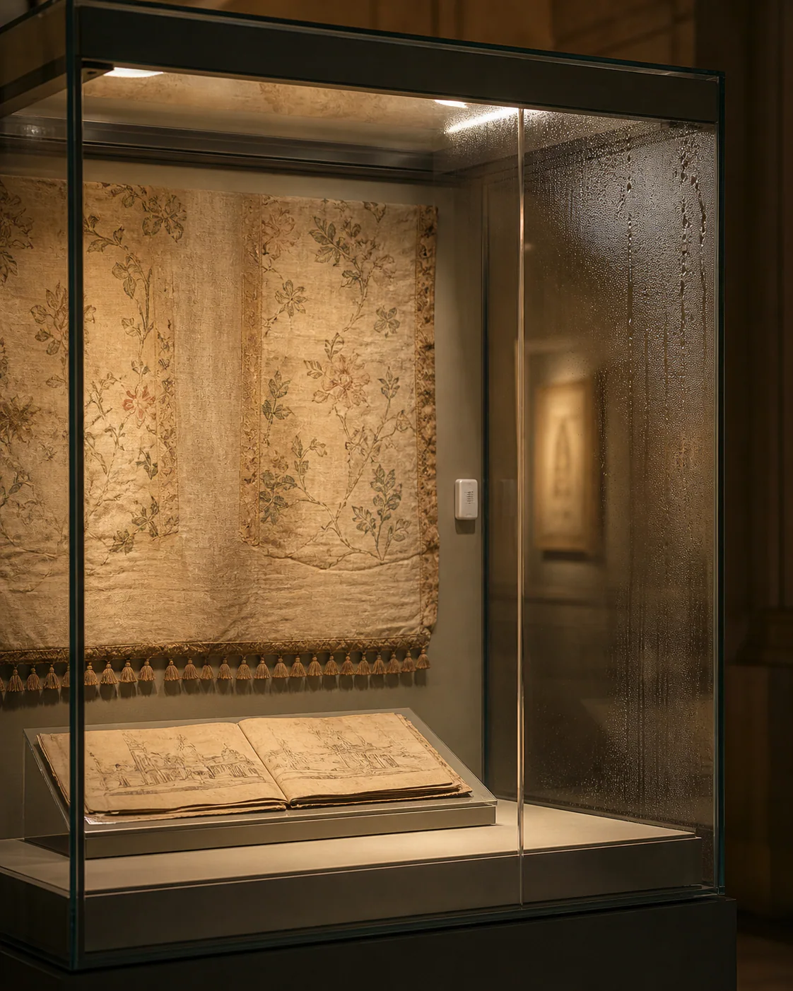 Museum display case showing condensation and microclimate instability