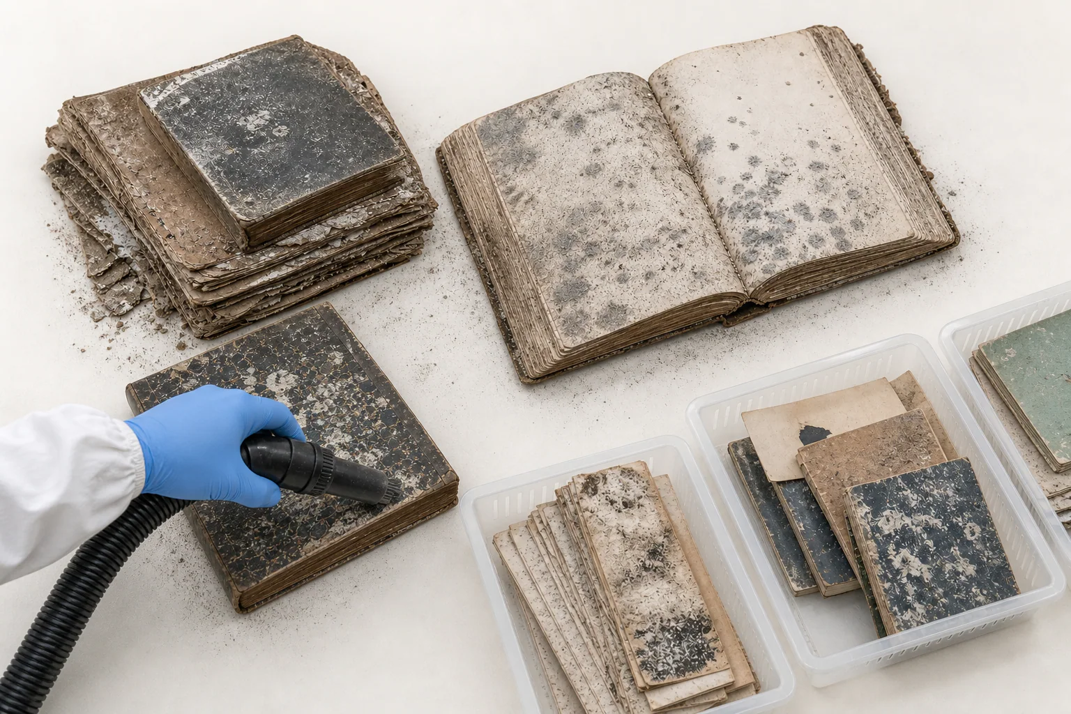Dust- and mold-affected archival collection prepared for controlled decontamination