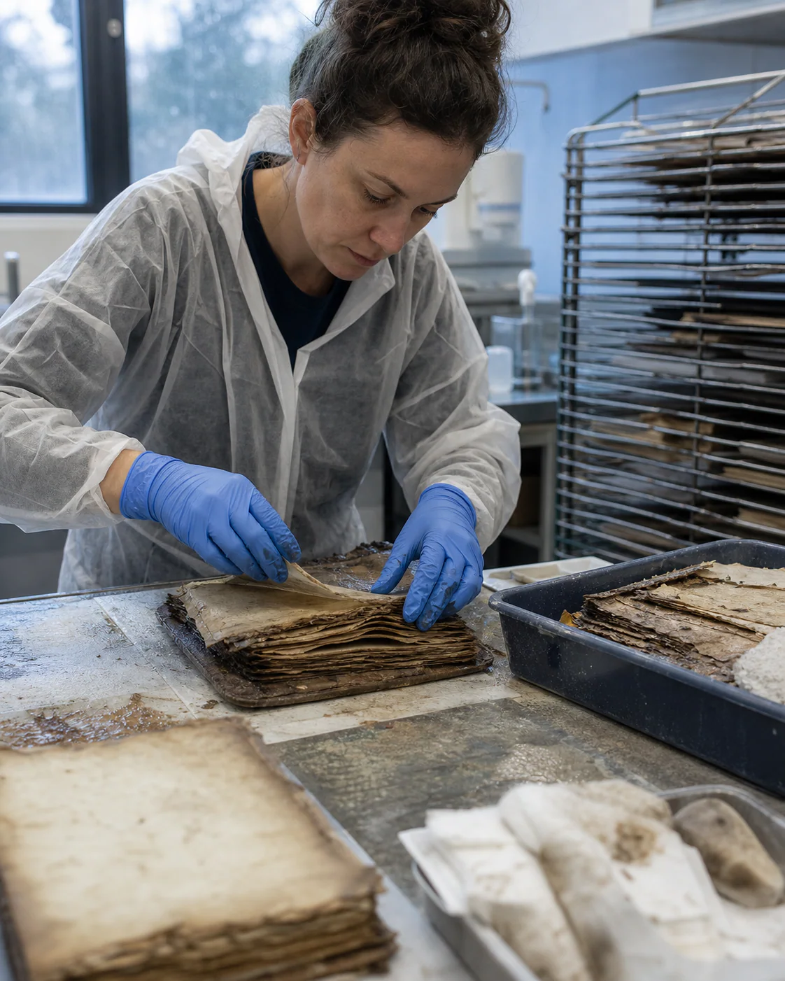 Conservator triaging water-damaged books during emergency recovery