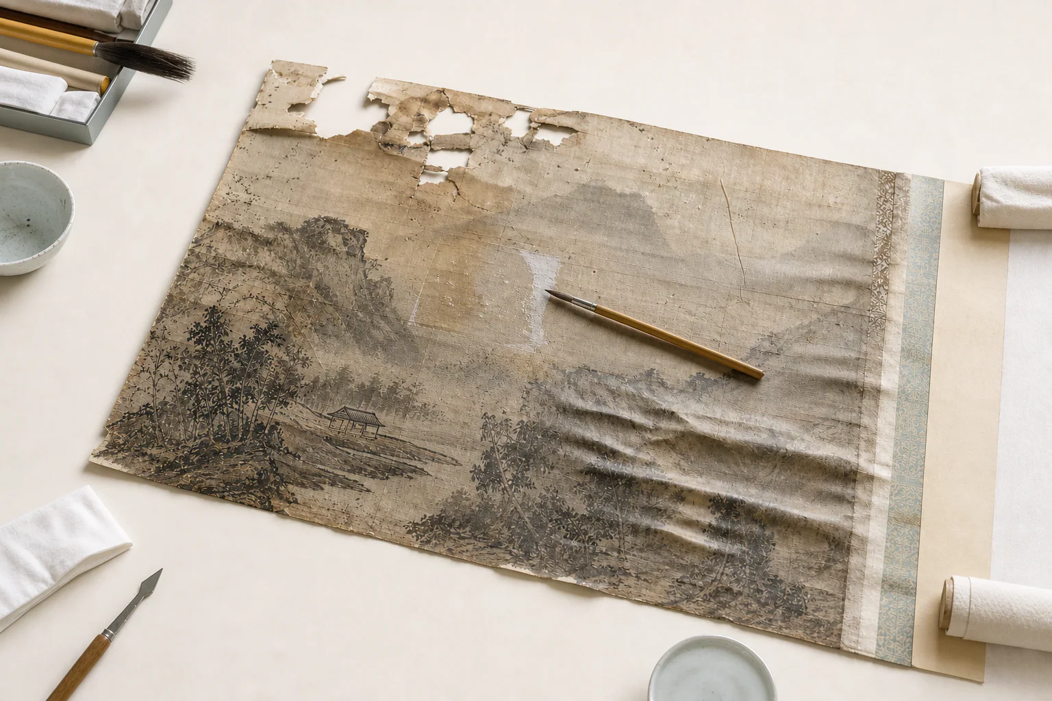 Damaged East Asian painting showing paper loss, wet-treatment, flattening and mounting challenges