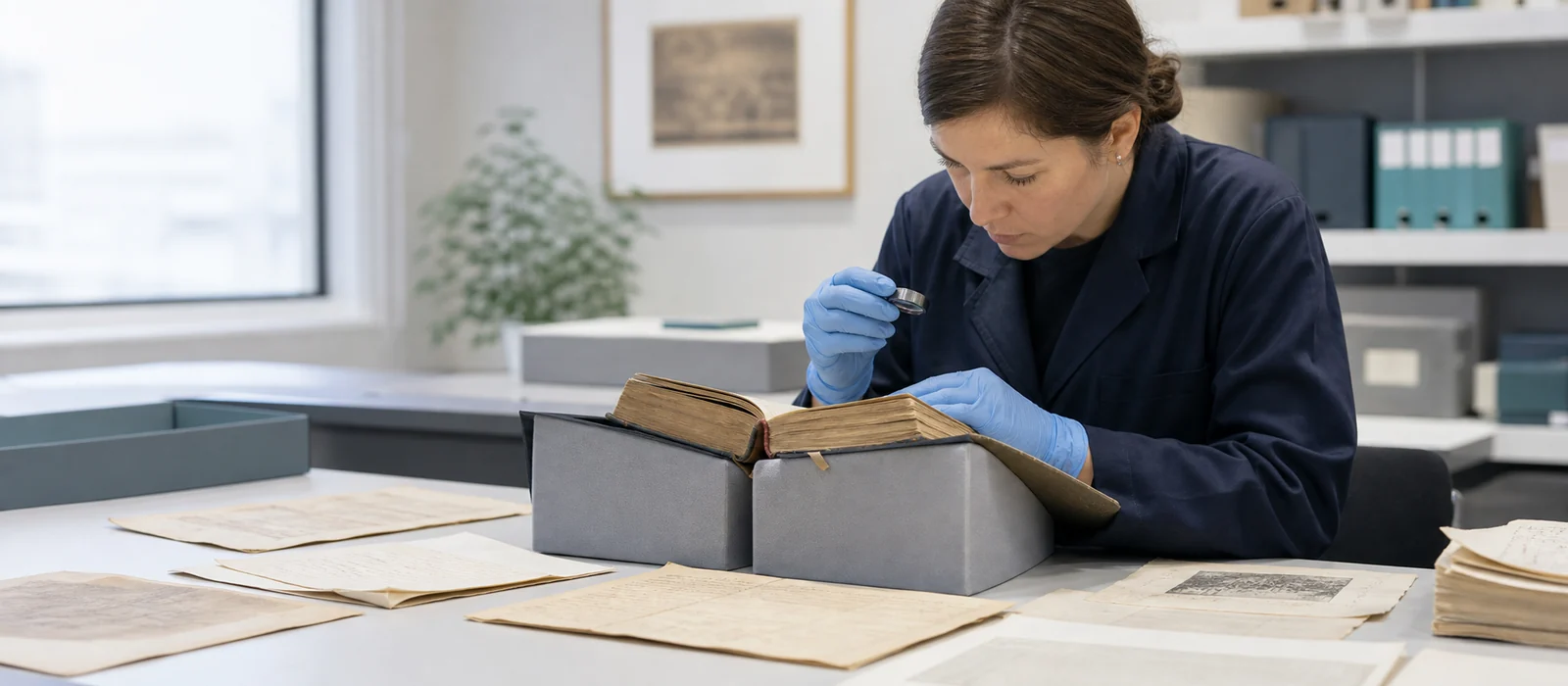 Conservator assessing books and archival documents