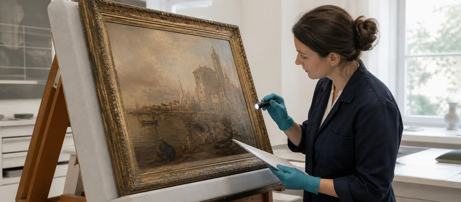 Conservator inspecting a framed painting