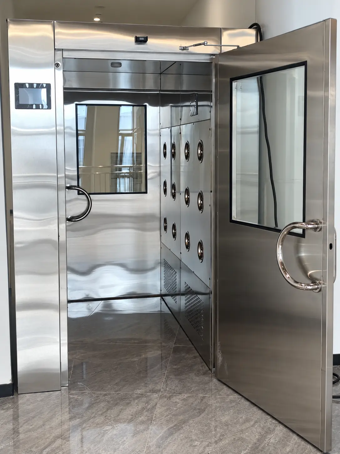 Open archive air-shower pass-through for controlled-area entry