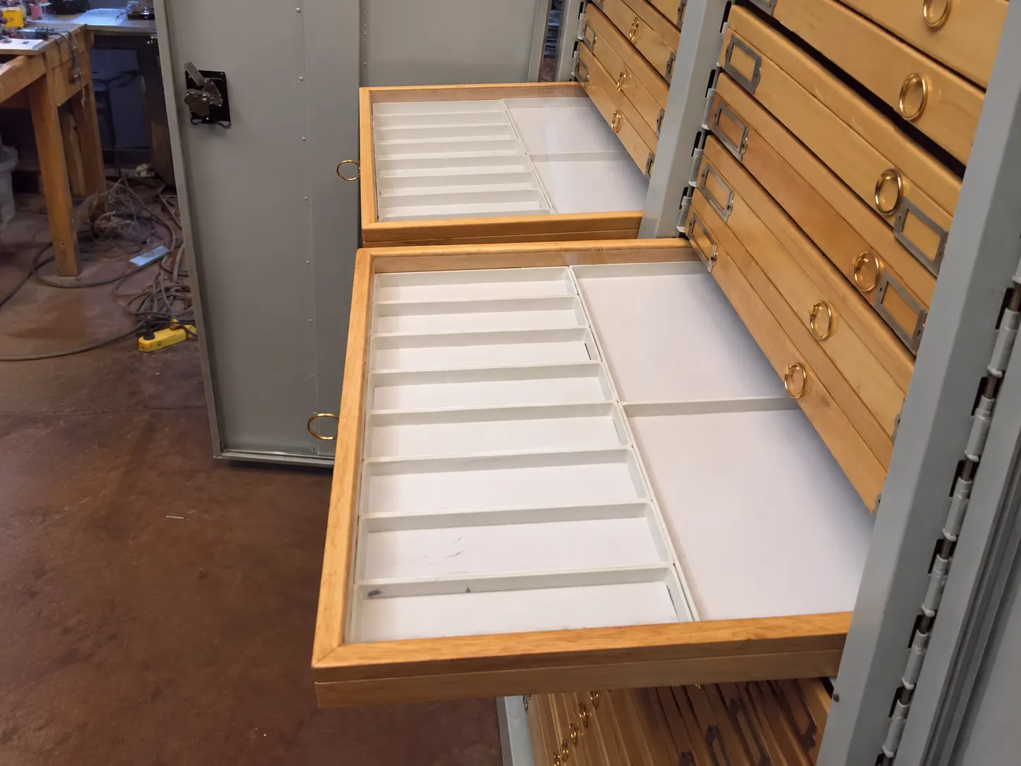Removable entomology specimen drawers inside museum cabinet