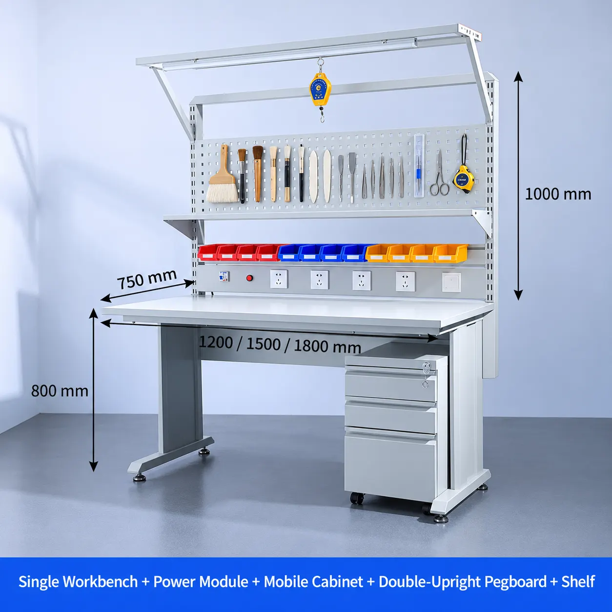 Conservation workbench with task lighting, tool panel, shelves and mobile cabinet