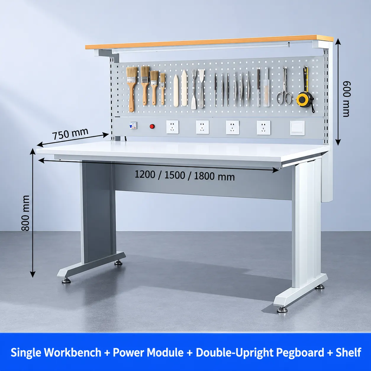 Custom conservation workstation with twin tool panels, double shelving, lighting and mobile cabinet
