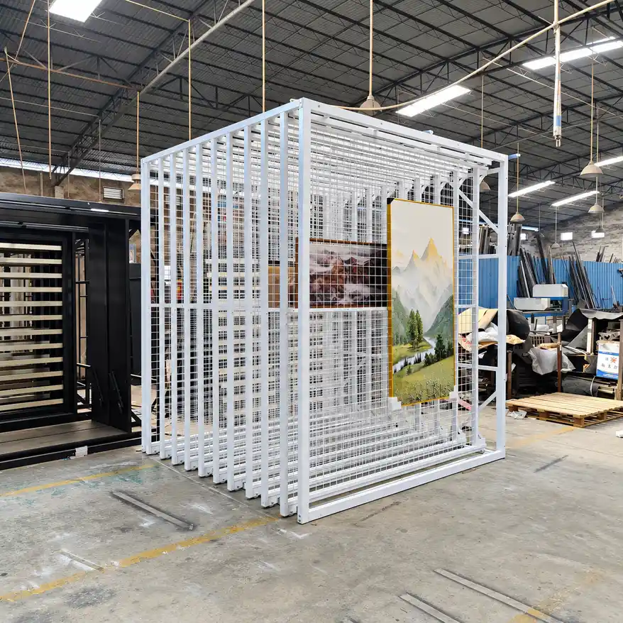 Freestanding pull-out art storage rack with mesh panels