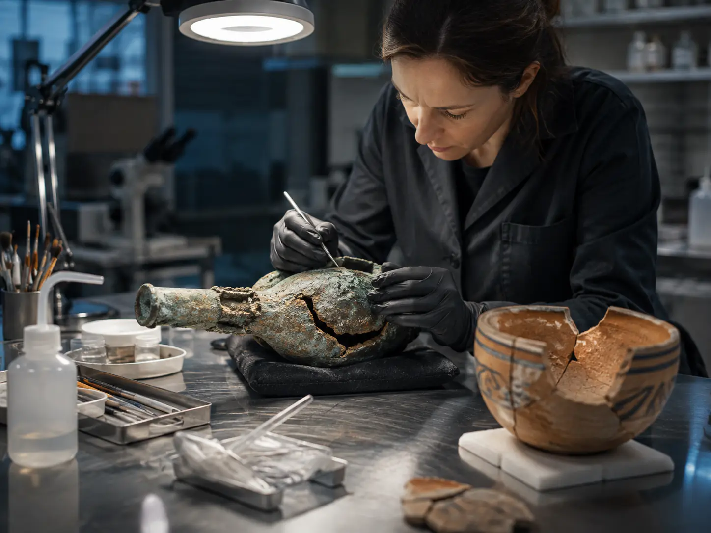Metal and ceramic artifact treatment in a conservation laboratory