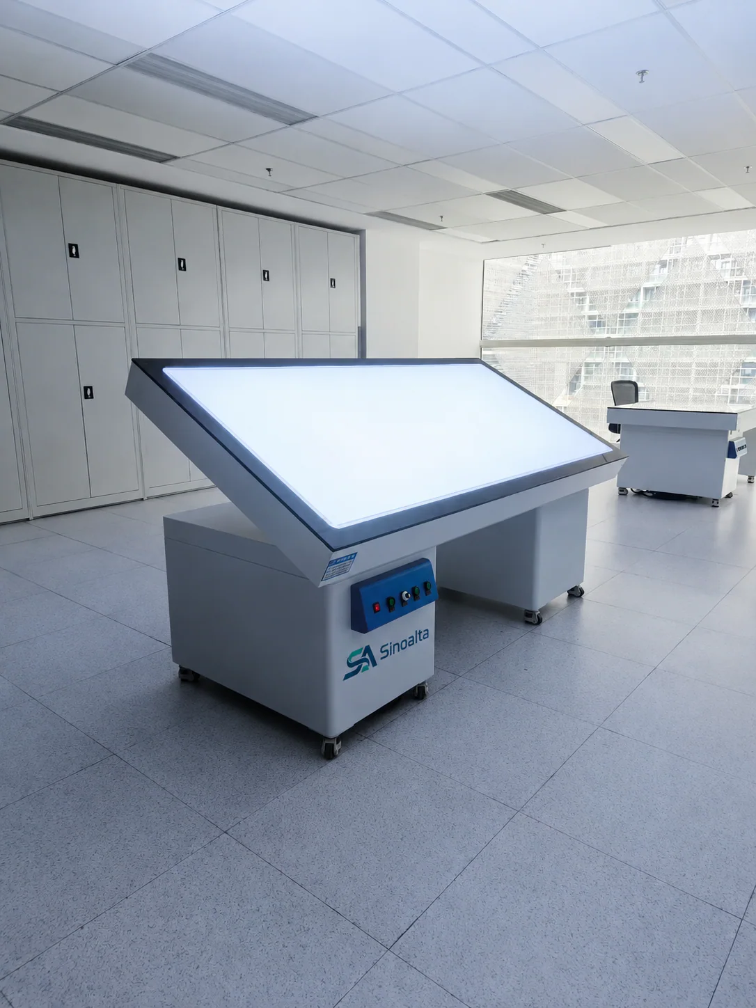 Archive conservation workstation with illuminated surface adjusted to an inclined viewing angle