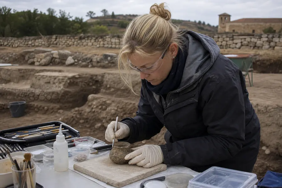 Archaeologist stabilizing an excavated artifact in the field