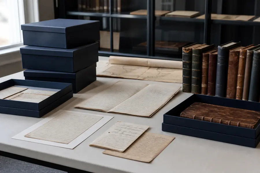 Historic books, documents and archival boxes arranged for conservation