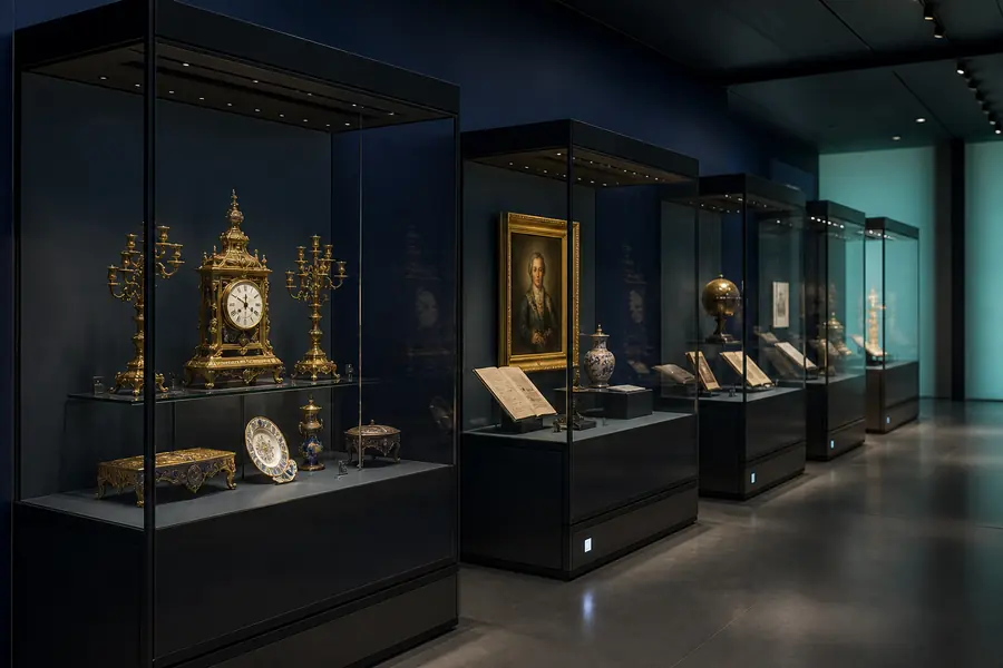 Museum gallery with controlled display cases
