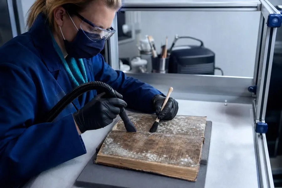 Conservator carrying out controlled dust and mold removal