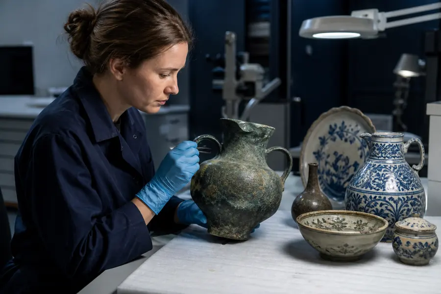 Conservator examining metal and ceramic museum artifacts