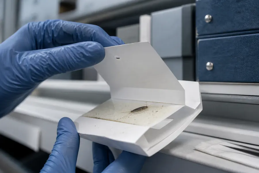 Museum insect monitoring trap inspected in an archive