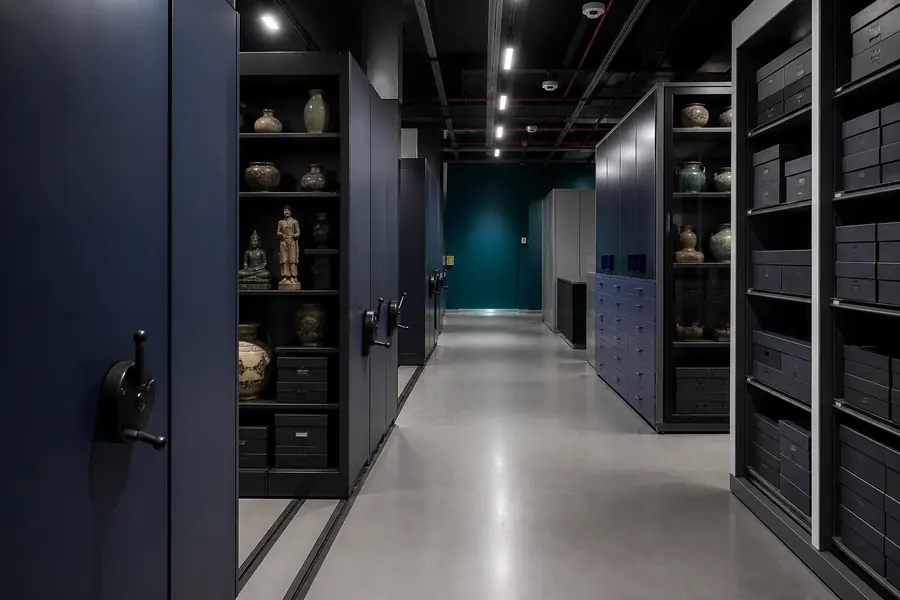 Organized museum collection storage with mobile shelving