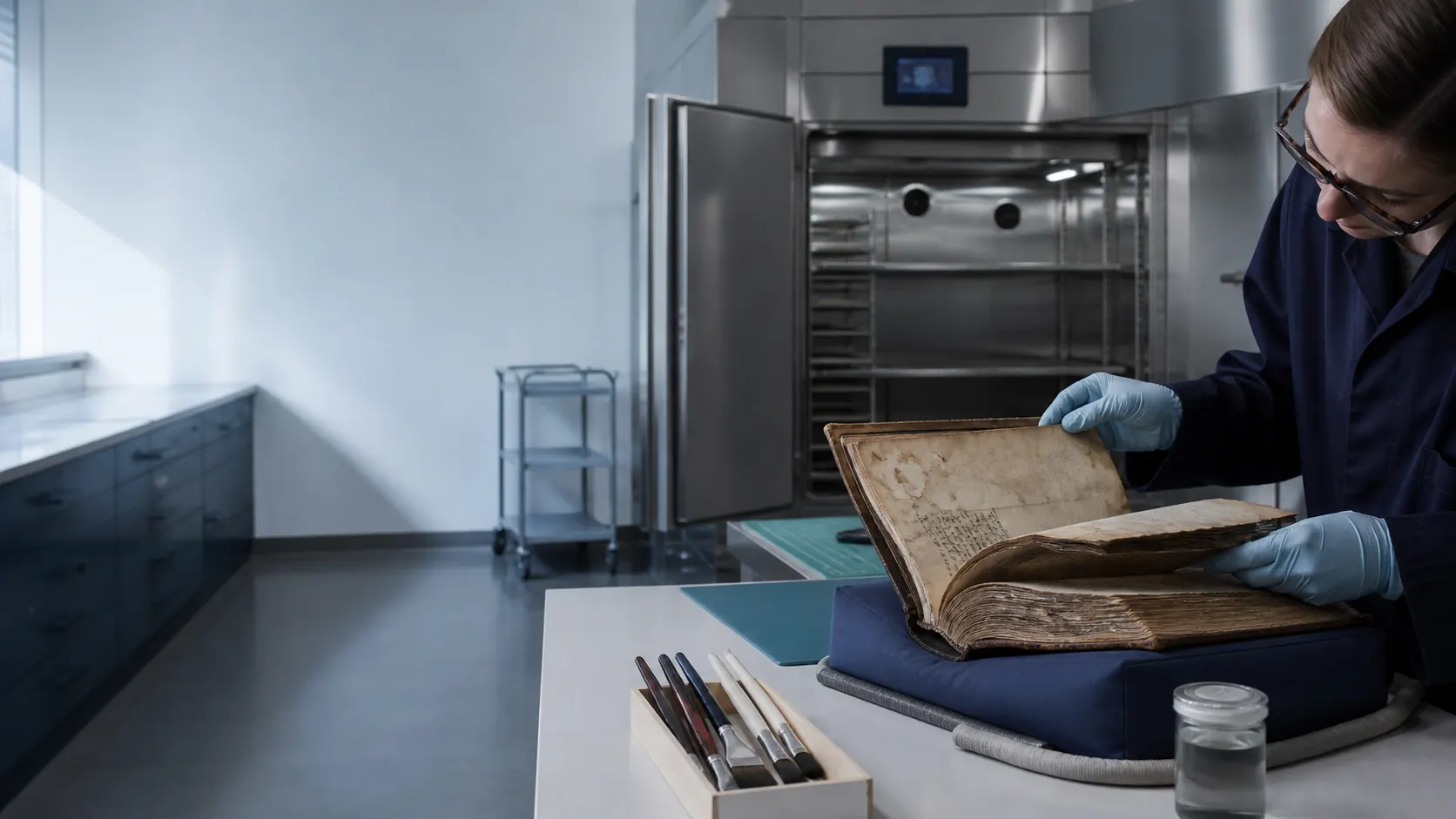 Conservator examining a historic book in a preservation laboratory