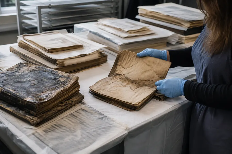 Water-damaged books being assessed during archive recovery