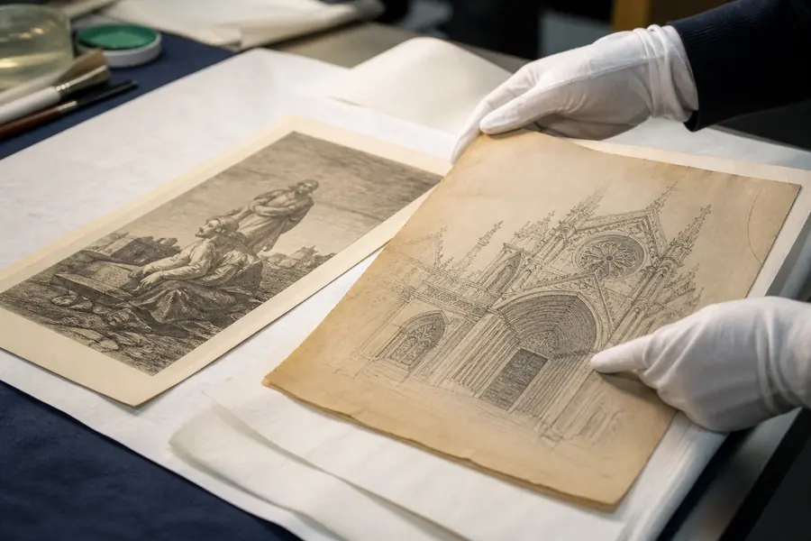 Western print and architectural drawing examined on a conservation table